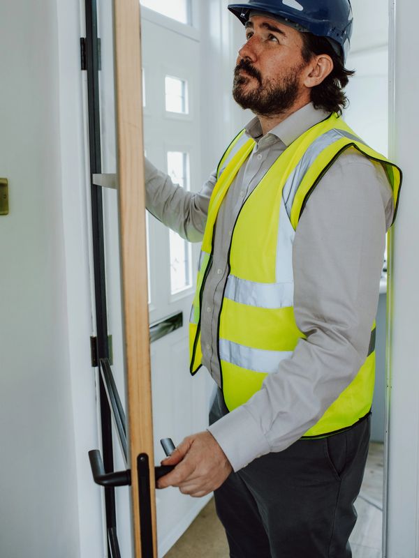 Construction worker in safety gear inspecting a door inside a building.