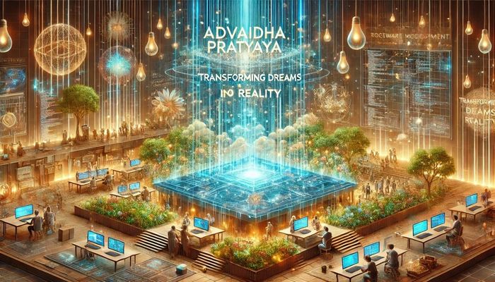 Futuristic workspace blending nature and technology with holograms and glowing lightbulbs.