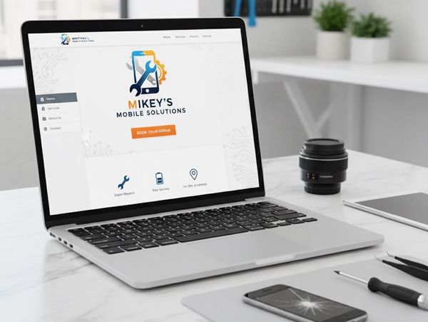 Laptop displaying a mobile repair service website on a clean desk.
