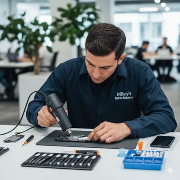 Technician repairing a smartphone using a heat gun in a professional setting.