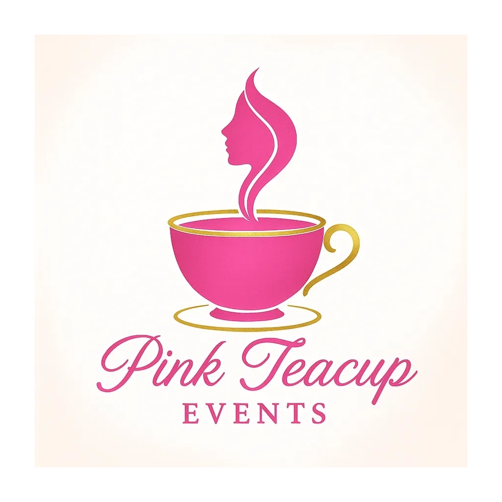 Pink Teacup Events logo with a pink teacup and elegant steam shaped like a woman's profile.