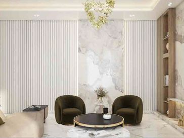 Two luxury chairs and table surrounded by marble walls and flooring
