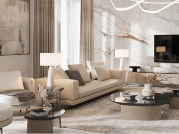 Luxury interior of living room with light coloured furniture, centre table and TV.