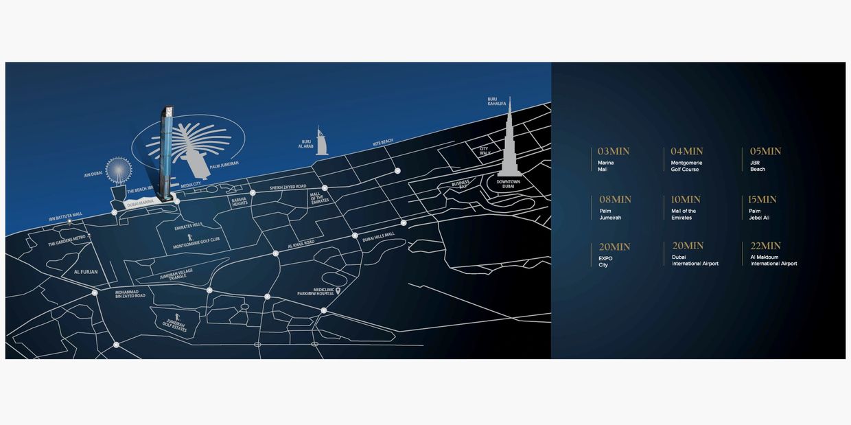 Map of Dubai showing location of Aeternitas Tower in relation to other Dubai landmarks
