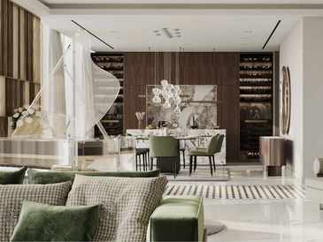 Luxury interior of Sky Villa with luxury furniture, piano and wine fridges in kitchen