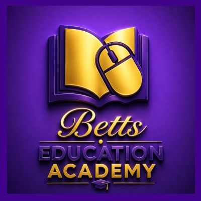 Golden book and mouse icon with Betts Education Academy text on purple background.