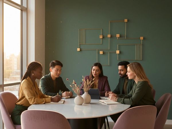 A diverse group of professionals in a meeting around a white table.