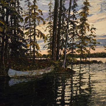 oil painting of a pale blue canoe at the shoreline of a lake with tall slender trees in the backgrou