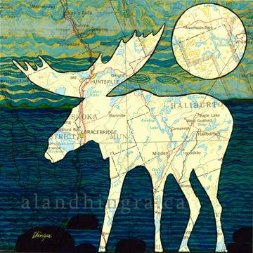 Sellout of a moose, filled with a topographical map. The background is a stylized painting of water.