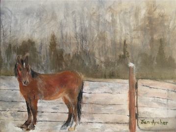 paiting of a small horse behind a wire fence with trees in the background