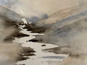 watervcolour paiting of a river between two hills. The river runs up the middle of the image and rec