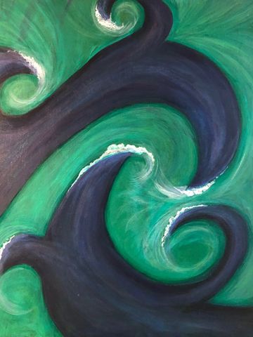 Painting of whale tails in green water.