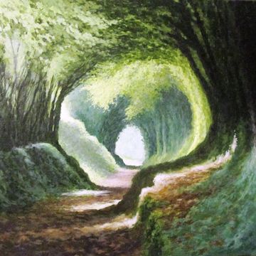 painting of a shaded forest pathway