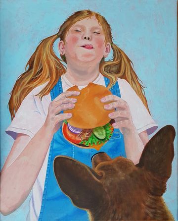 Acrylic painting of a girl eating a hamburger, with a dog looking up at her. "Pup's Point of View"