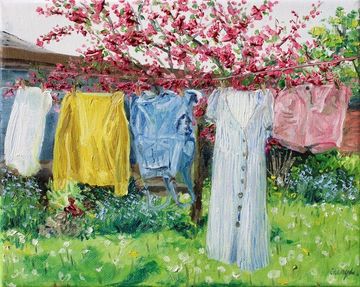A painting of cloths on a clothesline by Rachel Charyk.