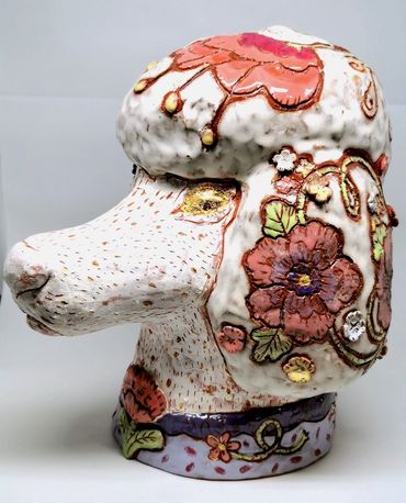 Zoë Pinnell
Phoebe
Earthenware, glaze, underglaze, terra sigillata, flocking, & gold leaf
26 x 16 x