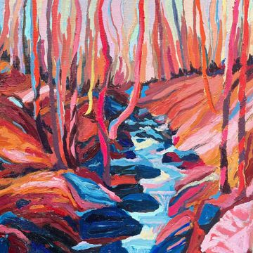 vividly coloured scene  of a stream (blue) with prckky banks and trtees, the treesa and rocks are in