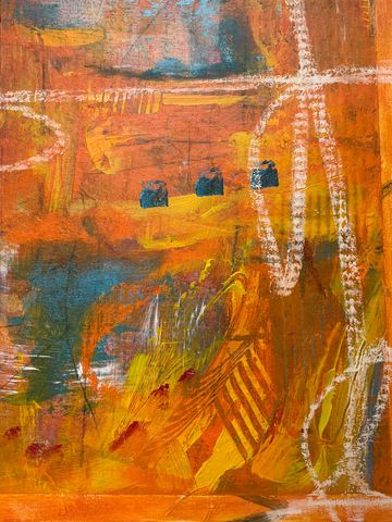 Abstract painting, predominantly the colour orange, by Patsy Telpner.