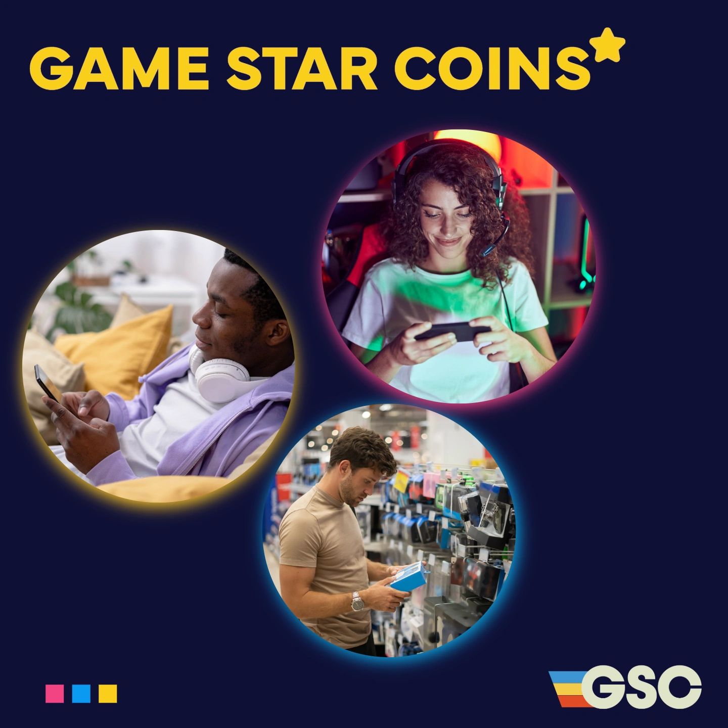 Three people engaging with gaming devices and accessories under 'Game Star Coins' branding.