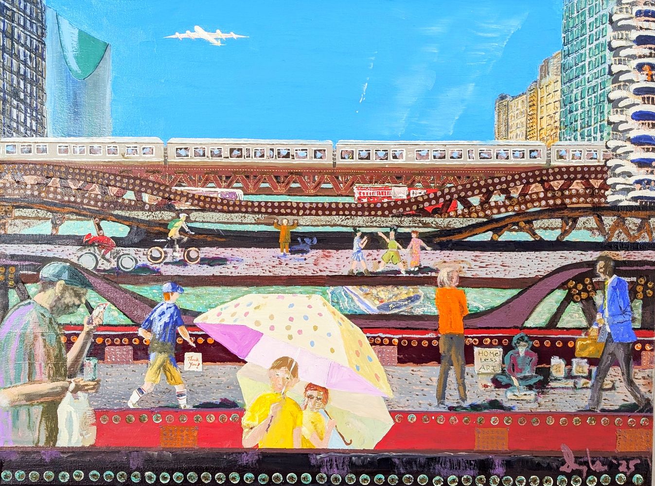 People crossing many bridges in a city.