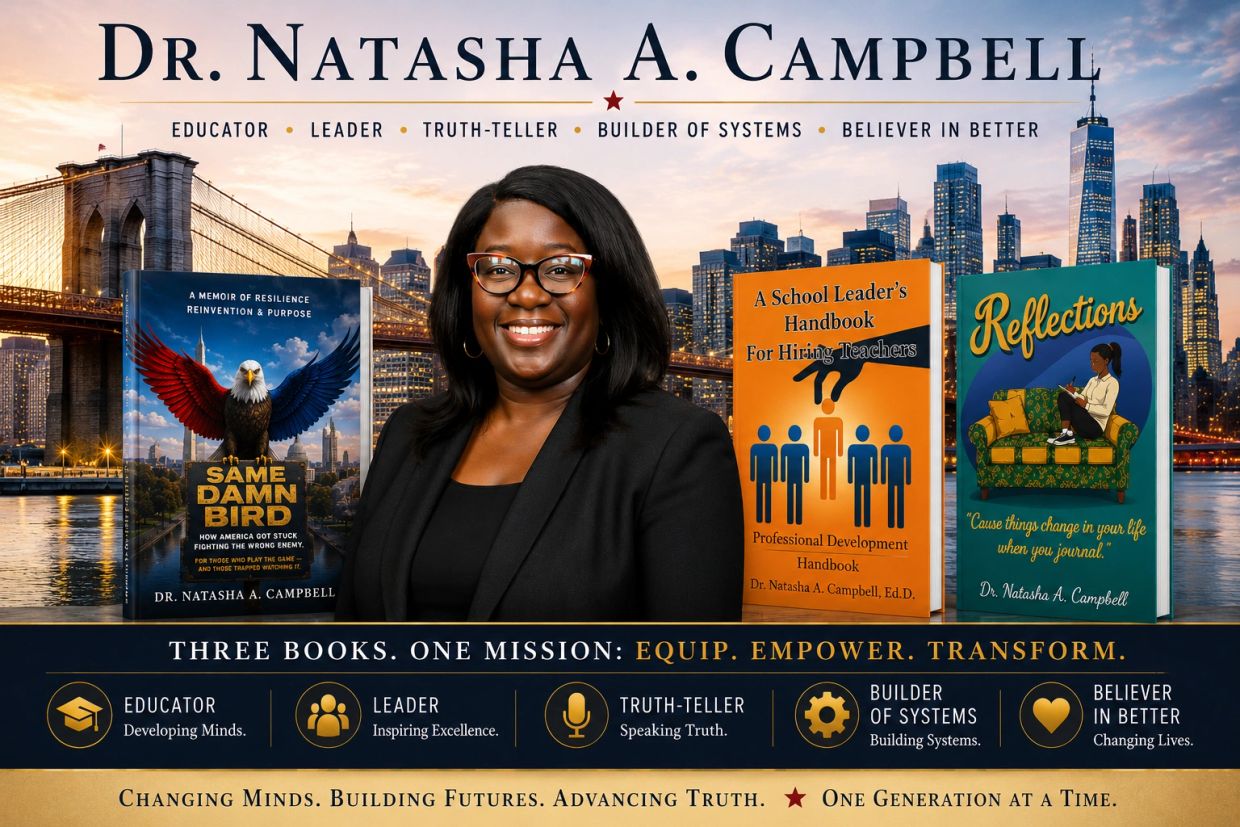 Dr. Natasha A. Campbell promoting three leadership and self-empowerment books.