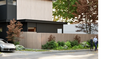 Modern two-story house with black and wood exterior surrounded by greenery and a parked luxury car.