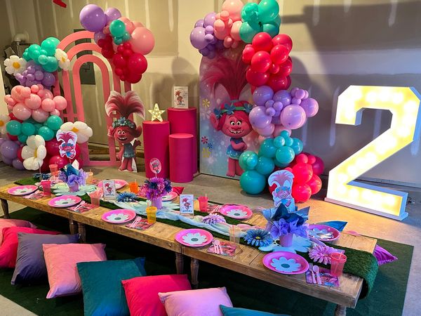 Kids picnic party princess poppy trolls inspired party rental with cake pillars Charlotte, NC