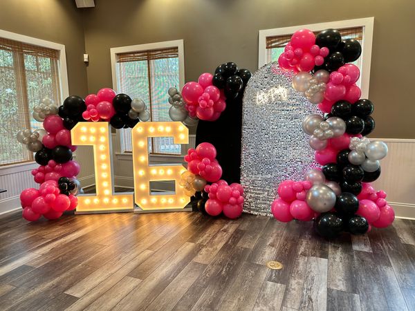 16th birthday backdrop and balloon display with marquee rental in Charlotte, Nc