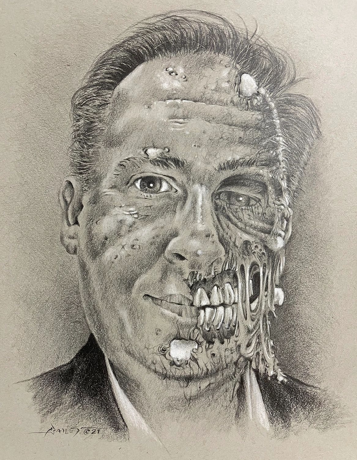 Graphite and Pastel portrait of a man who is half human, half zombie.