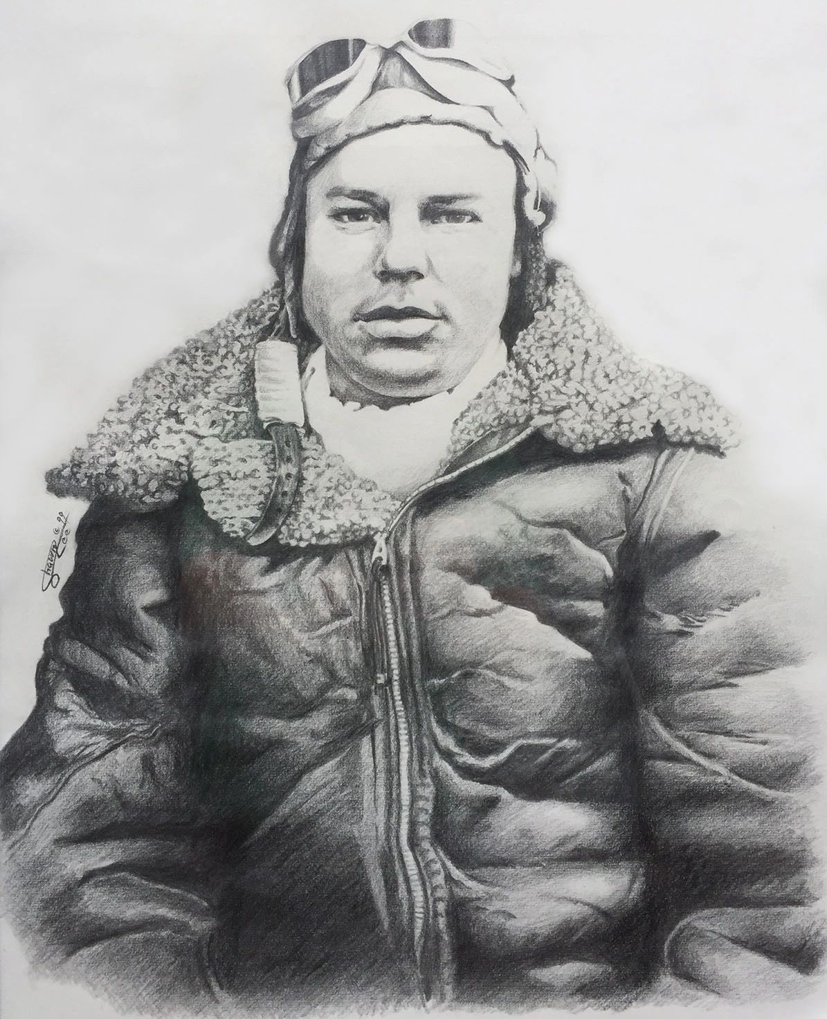 Graphite portrait of a World War 2 veteran in leather bombardier jacket and eye goggles.