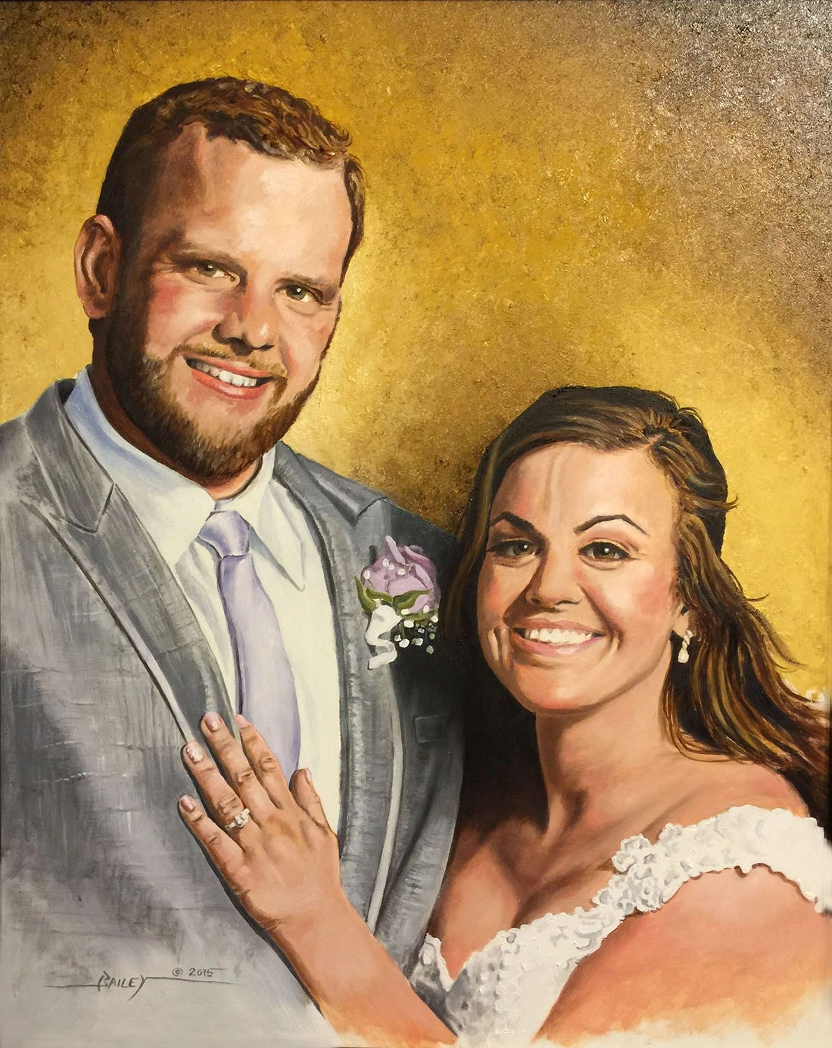 Colored oil wedding portrait of man and woman smiling. She has her hand on his chest.