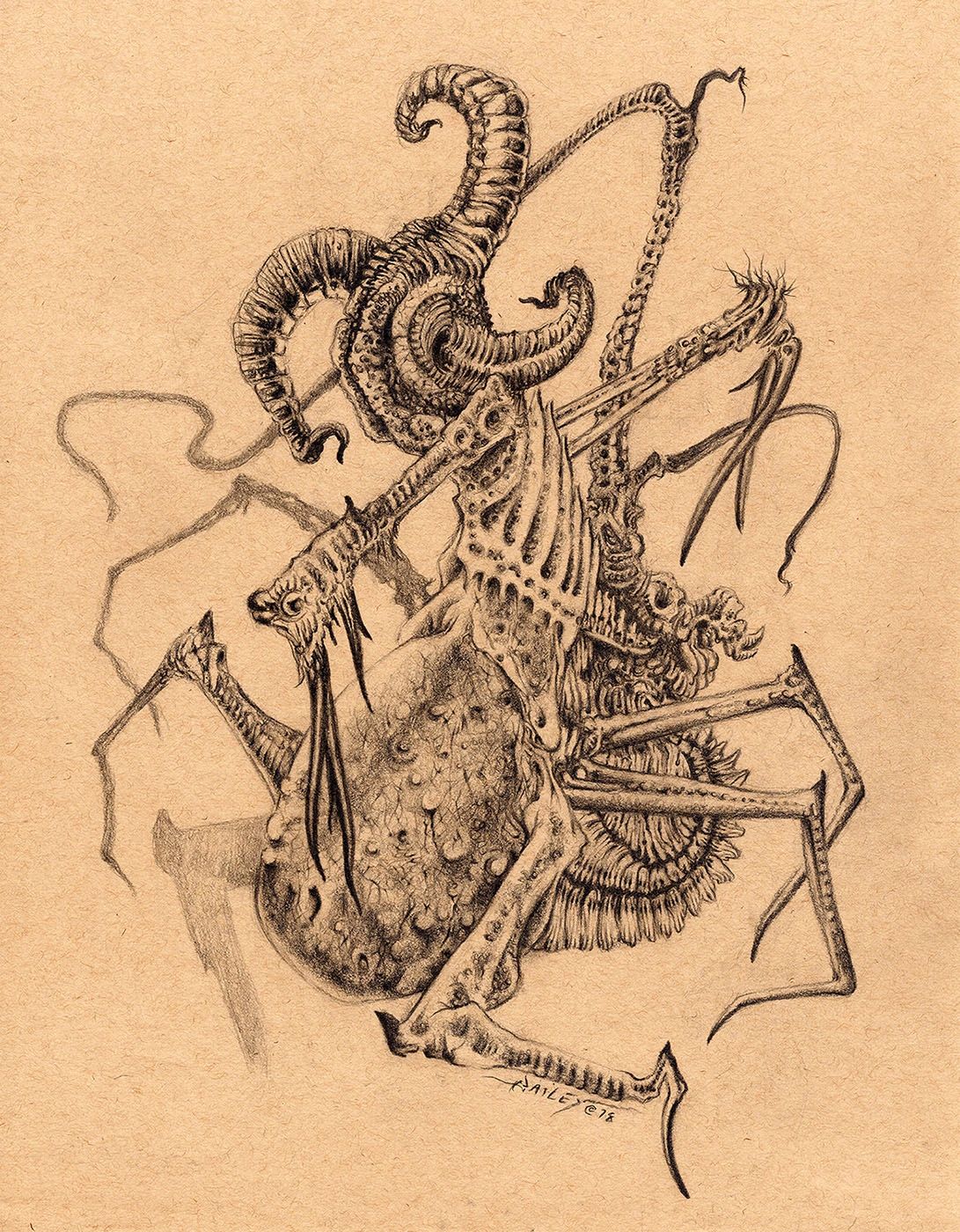 Three-horned, pot-bellied creature with flailing boney tentacles and no discernible facial features.