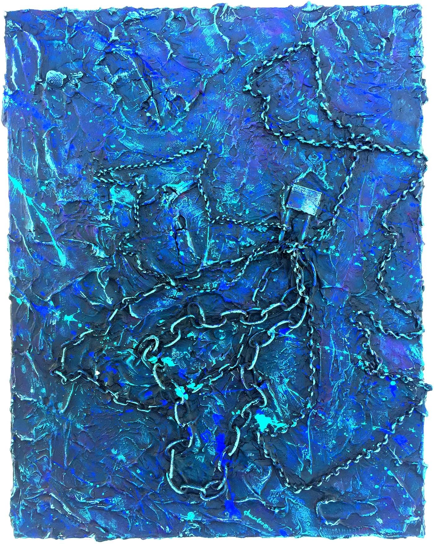 A rectangle bluish texture painting over steel chain links, a master lock, and a broken key.