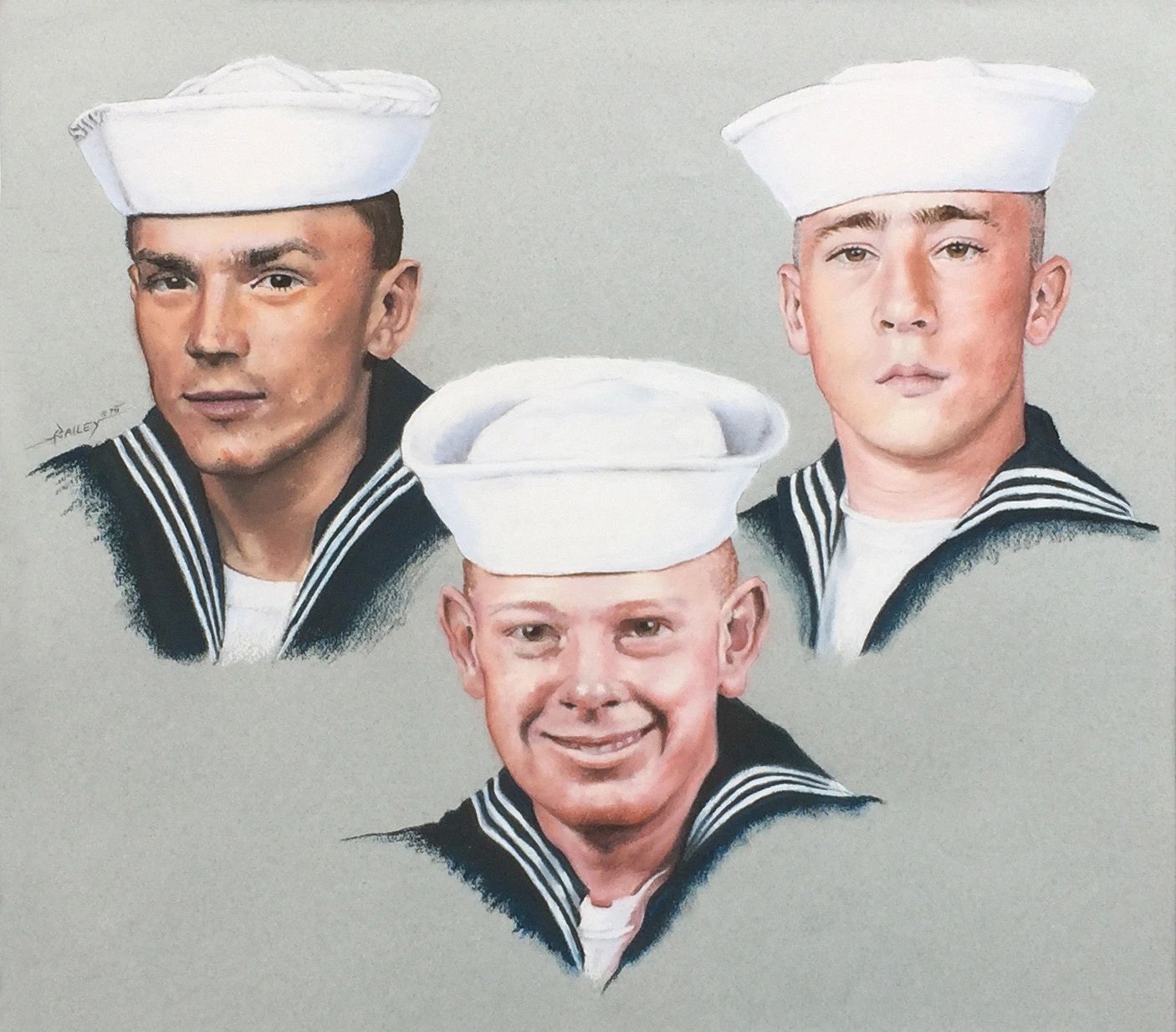 A pastel portrait of three sailor's faces in a triangle composition. A father and two sons.