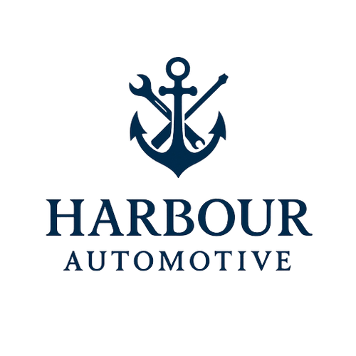 Logo combining an anchor with automotive tools for Harbour Automotive.
