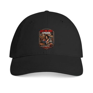 Black cap with a graphic and text about watching one more episode.