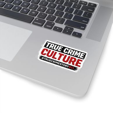 Sticker reading 'True Crime Culture' on a laptop.