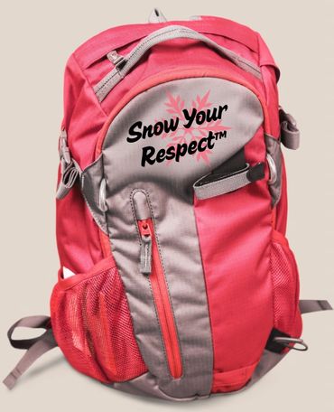 Red and gray backpack with 'Show Your Respect™' text and snowflake design.