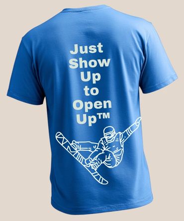 Blue t-shirt with snowboarder graphic and motivational text on the back.