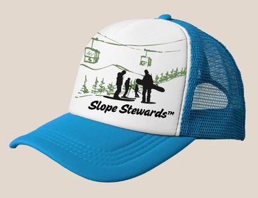 Blue and white trucker hat with ski-themed design and 'Slope Stewards' text.