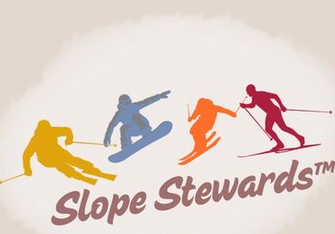 Colorful silhouettes of skiing and snowboarding with 'Slope Stewards™' text.