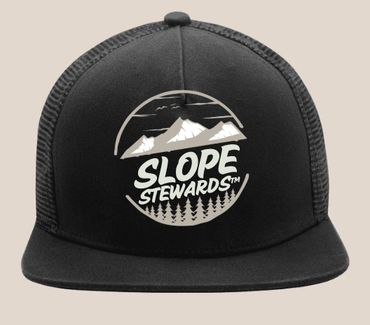 Black mesh cap with mountain logo and "Slope Stewards" text.