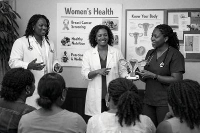 Women doctors discussing women's health with a group.