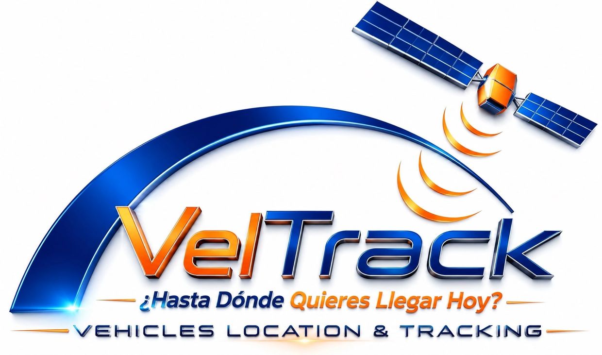 Logo de VelTrack con satélite y mensaje promocional.