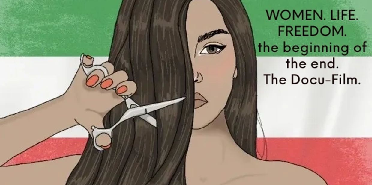 Illustration of a woman cutting her hair with text about freedom and a documentary.
