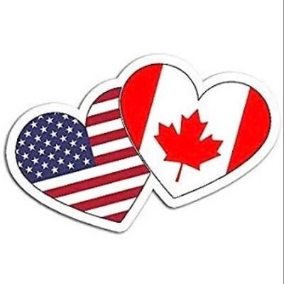 Two hearts with USA and Canada flags.
