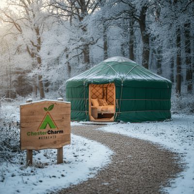 A cozy green yurt in a snowy forest with a warm glow inside.