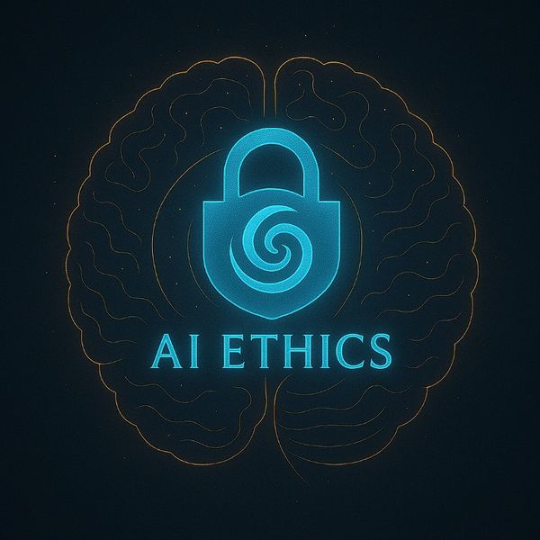 Glowing AI Ethics lock symbol within brain outline.