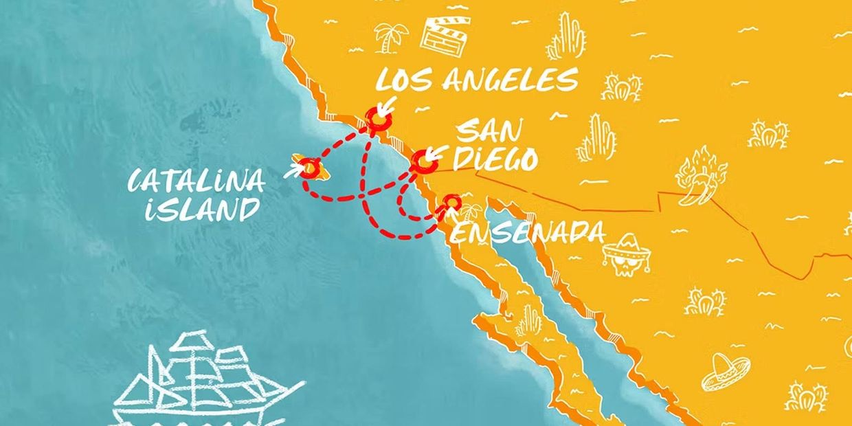 Map of the 2026 Halloween cruise itinerary visiting Los Angeles, San Diego, Ensenada, and Catalina Island.