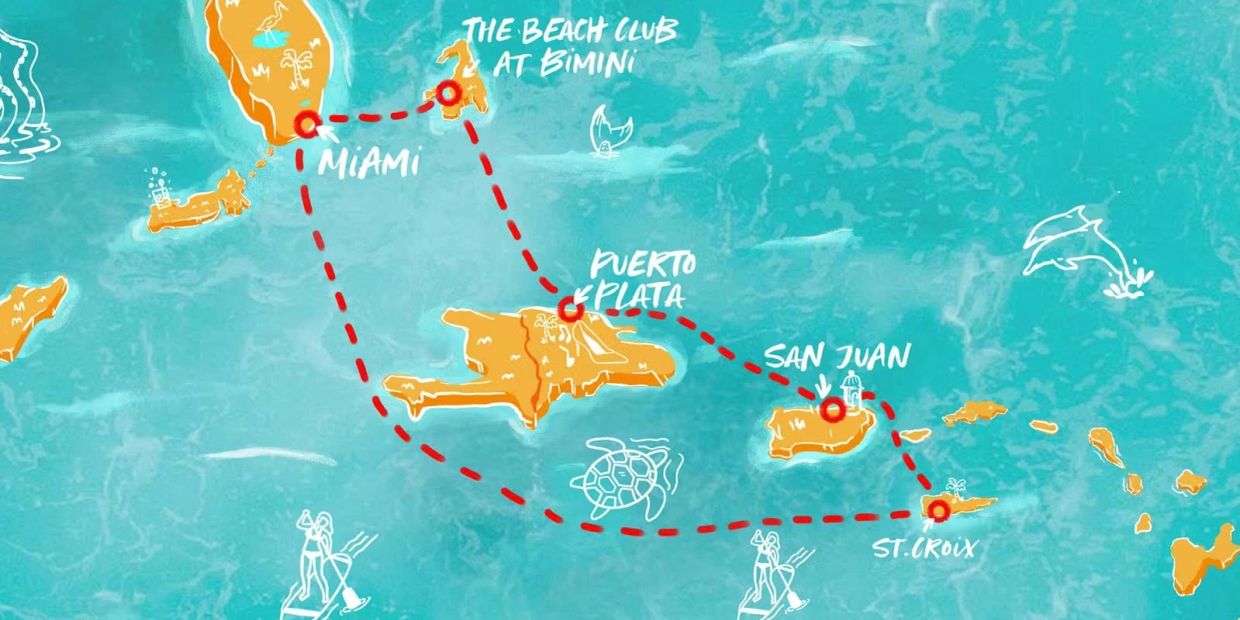 Map showing a cruise route from Miami to Caribbean islands like Bimini, Puerto Plata, San Juan, and St. Croix.